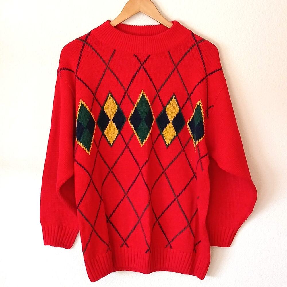 Vintage Huntington Ridge argyle red sweater 90s Cotton